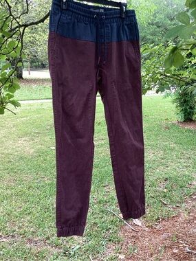 Retrofit Two-Tone Corduroy Joggers in Burgundy and Navy